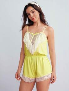 Elorette Women's Lace Bow Decor Pleated Casual Girly Daily Pajama Camisole Romper Home Light Green Summer - Yellow - View 4