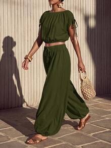 Zivah Women's Solid Color Pleated Top And Lantern Pants Casual Daily Set - Army Green - View 8