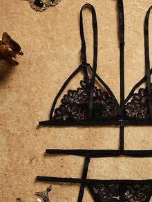 PinupPomp Floral Lace Harness Garter Lingerie Set - Black - View 4