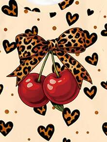 (Random 4 Sets, Send 1 Set) Girl's Creative Leopard Print Love Cherry Bow Polka Dot Pattern Letter Print Basic Short T With Base Pants Set - Multicolor - View 5