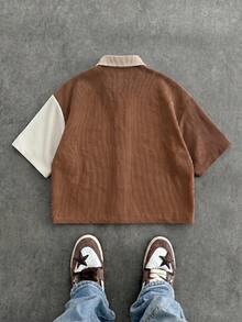 SWAVVY Men's Colorblock Short Sleeve Frog Button Casual Pocket Shirt - Brown - View 2