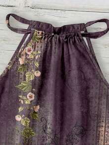 Casual Minimalist Dark Purple Vintage Floral Pattern Women's Halter Neck Tank Top Suitable For Spring And Summer - Multicolor - View 4