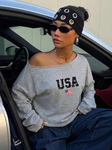 SHEIN EZwear 34%棉淺灰色女款不對稱肩寬鬆休閒長袖衛衣，美國國旗日印花圖案，休閒極簡通勤、外出、夏季 - 灰色 - 查看 6