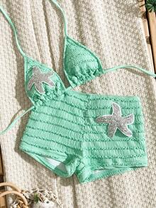 SHEIN Swim 夏季多色綠色紋理布料海洋海星飾邊直筒褲掛脖繫帶女款沙灘兩件式泳衣套裝性感 - 薄荷綠 - 查看 2