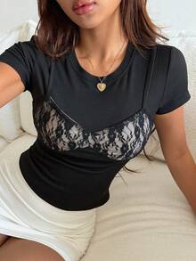 DAZY Summer Fashion Lace Patchwork 2 In 1 Short Sleeve T-Shirt - Black - View 7