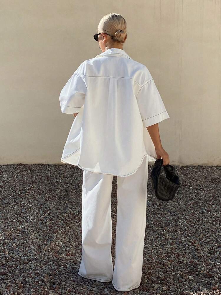 Spring Summer Loose Casual Vacation Style Loose Short Sleeve Shirt Long Straight Leg Jeans Set For Women, White Travel