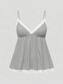 ROMWE Women Ribbed Lace Camisole And Shorts Casual Pajama Set - Light Grey - View 7