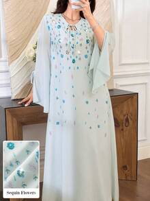 Al Najma Spring/Summer Fashion Elegant Blue Dress With Chiffon Sleeves And Tie, Loose And Long - Blue - View 6