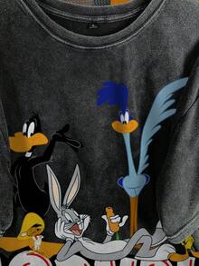 LOONEY TUNES X SHEIN 男士夏季休閒卡通字母印花T恤 - 黑色 - 查看 4