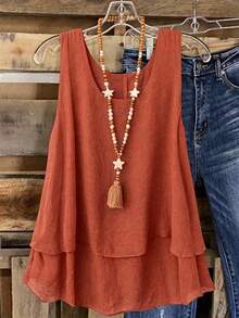 Linhara Atasan Tank Top Camisole Ruffle Dua Lapis Vintage Manis untuk Liburan Pantai Musim Semi/Panas Wanita Ukuran Plus - Rust Brown - View 1