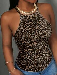 Slaydiva Women's Sexy Leopard Print Halter Neck Top For Summer - Multicolor - View 4