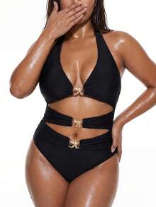 Oceva 2026 Summer New Beach Vacation Starfish Accessory Black One-Piece Sexy Plus Size Swimsuit - Black - View 4