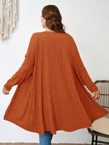 SHEIN LUNE Cárdigan de punto acanalado de color liso talla grande para primavera, otoño e invierno - Óxido marrón - Ver 2
