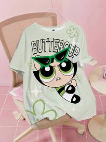 THE POWERPUFF GIRLS X SHEIN 大尺碼女款圓領短袖T恤 - 白色 - 查看 1
