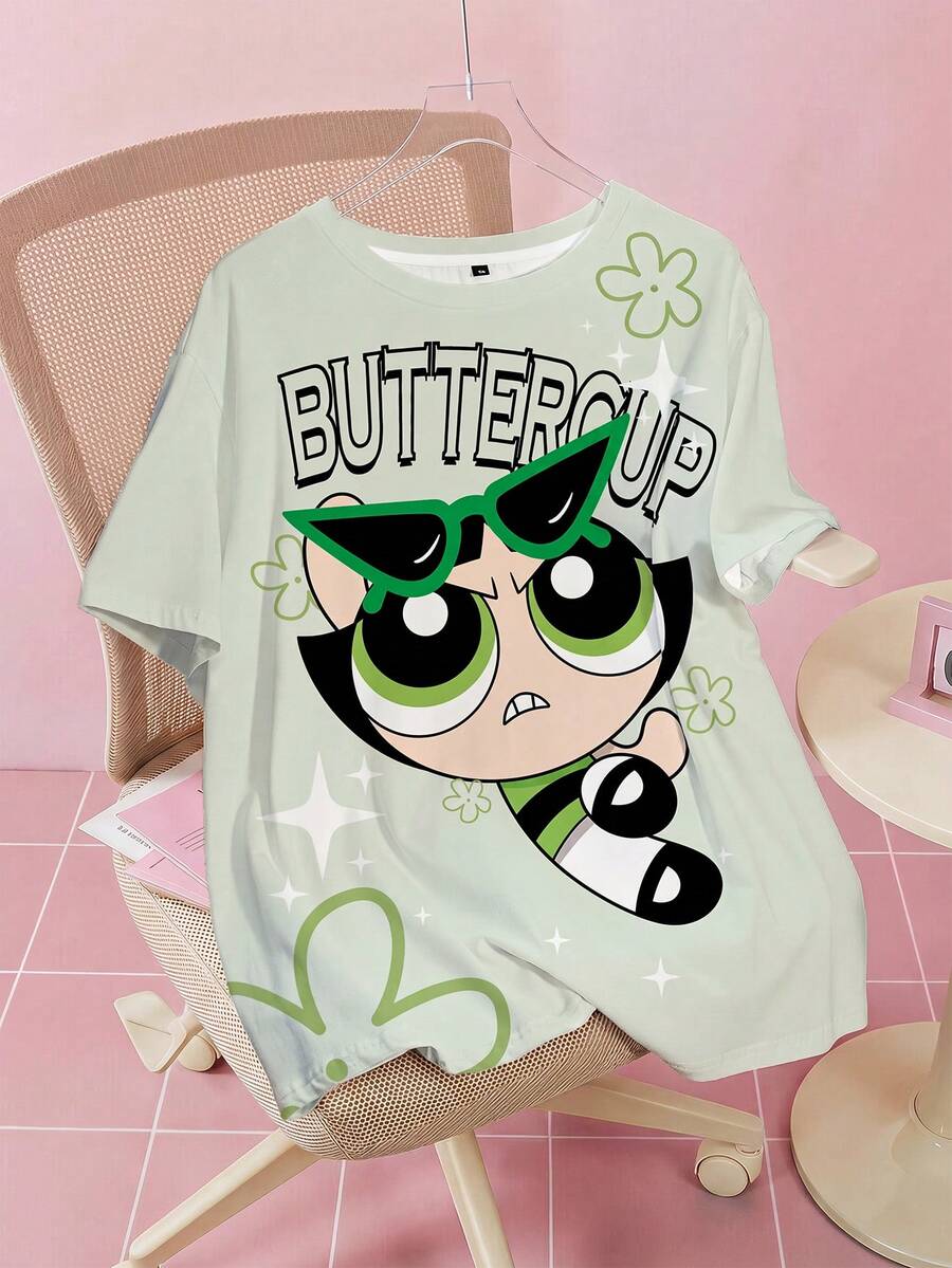 THE POWERPUFF GIRLS X SHEIN 大尺碼女款圓領短袖T恤 - 白色 - 查看 1