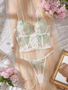 Myrelith Vintage Sexy Klassisch Pastoral Frisch Stickerei Patchwork Mesh Cami Schnürung vorne Bustier + Tanga Damen Unterwäsche Set 2 Stücke - Verschiedenfarbig - Übersicht 6
