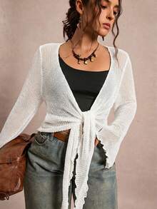Freevana Plus Size Women's Solid Color Long Sleeve Front Tie Cardigan Fall - White - View 6
