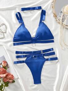 AltCore 3pcs/Set Set Bra Tanpa Kawat Tanpa Jahitan Motif Lingkaran Polos untuk Wanita, Set Pakaian Dalam Seksi, Set Bikini 3 Potong, Set Lingerie > Set Bikini Pinggang Tinggi Hitam - Royal Blue - View 6