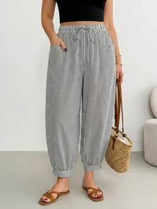 Shapeblank Pantalones largos a rayas con cordones para mujer talla grande - Multicolor - Ver 3