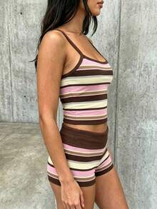 SHEIN EZwear Summer Colorblock Striped Camisole And Shorts Set - Multicolor - View 4