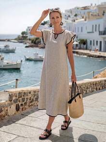 Faunlyn Women's Piped Keyhole Neckline Ruffle Sleeve Midi Dress Vacation Summer Casual French Everyday Going Out Holiday Outfits Black And Silver - Khaki - View 2