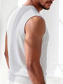 Manfinity Dauomo Men's American Style Solid Color Cable Knit V-Neck Vest, Vintage Preppy Versatile Sleeveless Pullover Casual Top - White - View 2