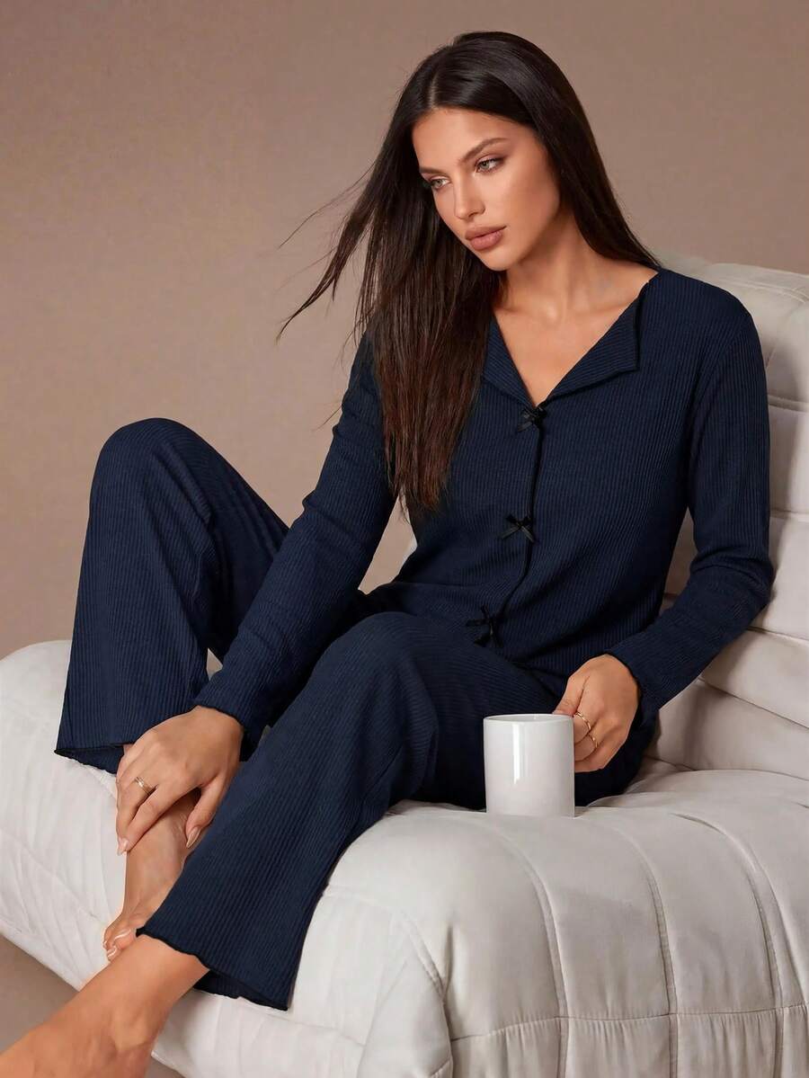 Lazeform 女士罗纹磨毛V领蝴蝶结长袖长裤睡衣套装，秋冬款 - 藏蓝色 - 查看 1