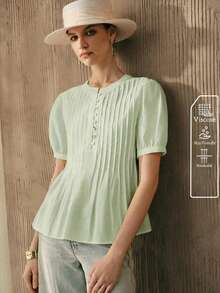 SHEIN 女士粘胶梭织面料圆领插肩袖条纹休闲衬衫 - 綠色 - 查看 4