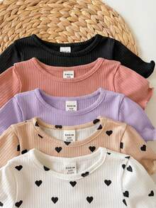 5pcs -Piece Set Of Solid Color Heart Pattern Knitted Casual T-Shirts For Baby Girls (Multiple Pieces) - Mauve Purple - View 2
