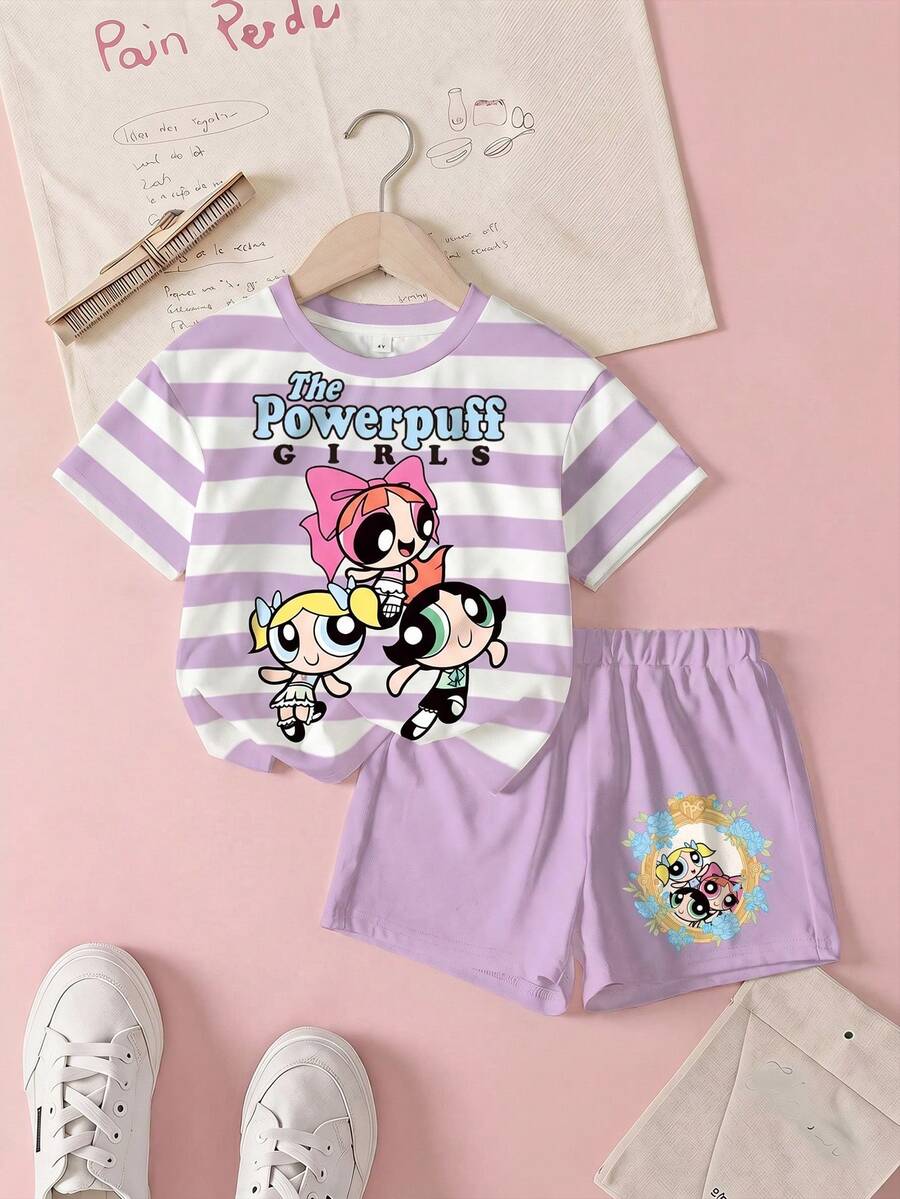 THE POWERPUFF GIRLS X SHEIN 條紋短袖T恤與短褲休閒套裝,適合年輕女孩 - 白色 - 查看 1