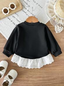 SHEIN 女嬰時尚刺繡蕾絲下擺印花運動衫 - 黑色 - 查看 2