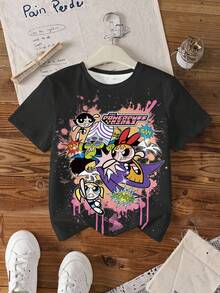 THE POWERPUFF GIRLS X SHEIN 少女休闲卡通印花T恤，夏季 - 白色 - 查看 8