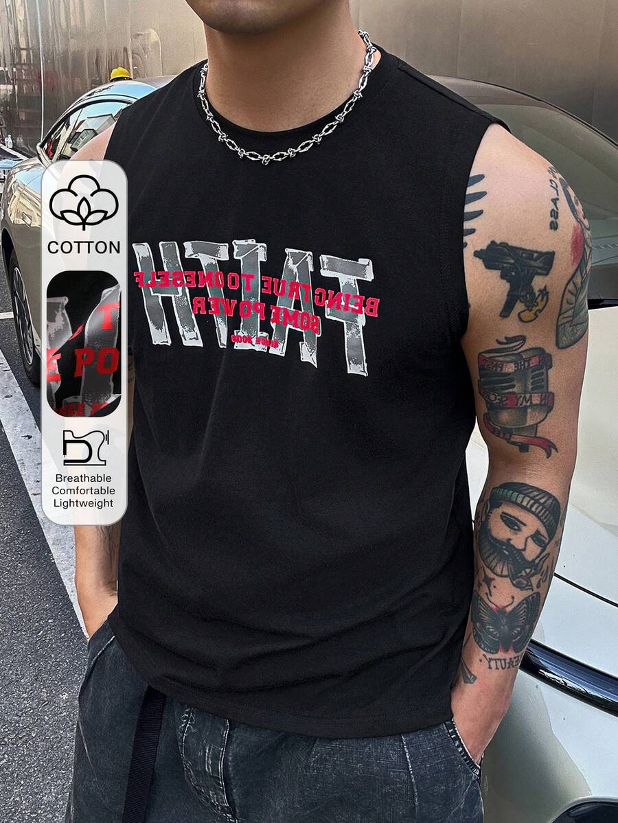 DAZY Kaos Tanpa Lengan Kasual Pria Musim Panas Warna Hitam dengan Motif Huruf dan Kerah Bulat - Hitam - View 1