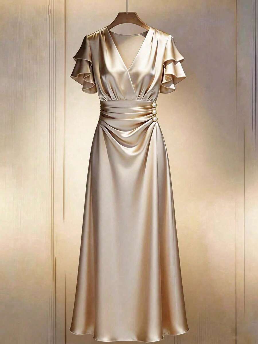 GlowEve 春夏新款优雅收腰中长连衣裙,女士优雅长款连衣裙,女士夏季长裙,女士夏季连衣裙,女士夏季套装,女士生日礼服,女士婚礼宾客礼服,女士情人节套装,女士生日礼服,女士简约性感交叉V领纽扣装饰紧身连衣裙,真丝连衣裙,缎面紧身连衣裙,香槟色缎面连衣裙,长款派对礼服,优雅真丝连衣裙,奢华礼服,女神风连衣裙 - 香檳色 - 查看 1