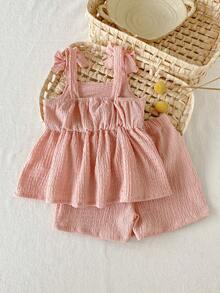 SHEIN Vintaside Kids 2件組女嬰幼童/新生兒0-3歲春夏休閒日常可愛度假條紋蝴蝶結圖案吊帶上衣+短褲套裝 - 粉色 - 查看 2