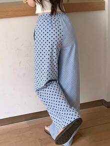 DAZY 女款春夏大波點小波點滿版印花拼接寬鬆長版睡褲 - 淺藍色 - 查看 2