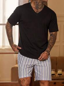 DAZY Short Sleeve Top And Shorts Set With Small Pattern Embroidery, Multi-Color Men's Loungewear - Black - View 1