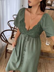 Weeklong Women's Plus Size Spring/Summer Casual Vacation Waist-Defining Exquisite Lace Button Contrast Color Loose A-Line Dress, Suitable For Daily Vacation Wear - Green - View 6
