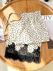 Seusyu Minimalist Elegant Polka Dot Print Ruffle Trim Straight Leg Regular Pants Plus Size Autumn Brunch Formal Dinner Black White - Multicolor - View 4