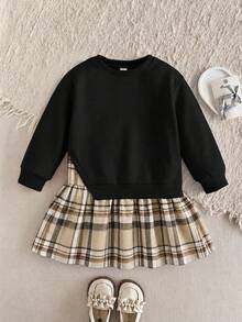 SHEIN 女童格紋拼接二合一洋裝 開學季校園風 黑色 秋季 - 黑色 - 查看 12