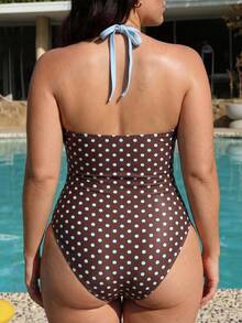 Swim Mod 2026 New Spring/Summer Plus Size One-Piece Polka Dot Random Print With Solid Color Ruched Ruffle Trim Deep V-Neck Women's Swimsuit, Suitable For Beach Vacation Wear - Multicolor - View 2