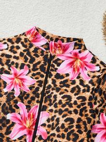 Swim SPRTY Traje de baño de una pieza con estampado de leopardo y flores, traje de surf - Multicolor - Ver 8
