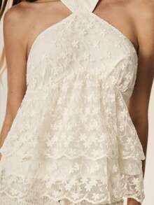 Willow Rêve Women's Beige Lace Ruffle Hem Halter Neck Loose Blouse, Vacation Romantic Style, Valentine's Day, Boho Style - Apricot - View 3