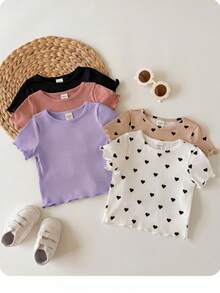 5pcs -Piece Set Of Solid Color Heart Pattern Knitted Casual T-Shirts For Baby Girls (Multiple Pieces) - Mauve Purple - View 7