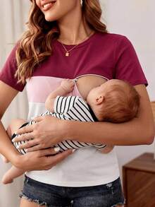 SHEIN 孕妇撞色拼接哺乳T恤，度假/休闲 - 彩色 - 查看 2