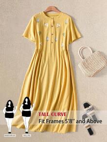 SHEIN Tall CURVE Plus Size Women Floral Print Short Sleeve Button Front Casual Capsule Wardrobe 90s 1950s Vintage Boho Cute Cottage Core Dress Yellow Summer - Yellow - View 2