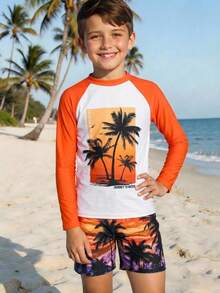 SHEIN Tween Boy Casual Fitted Video Game Glow-In-The-Dark Pattern Tankini 2 Pieces Swimsuit, Suitable For Spring/Summer, Beach Vacation - Multicolor - View 5