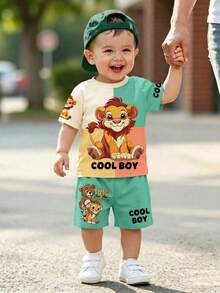 Baby Boy Casual Minimalist T-Shirt Set Suitable For Summer, Classic Color Block Patchwork Pattern Print, Cartoon Lion Pattern Print, COOL BOY - White - View 1