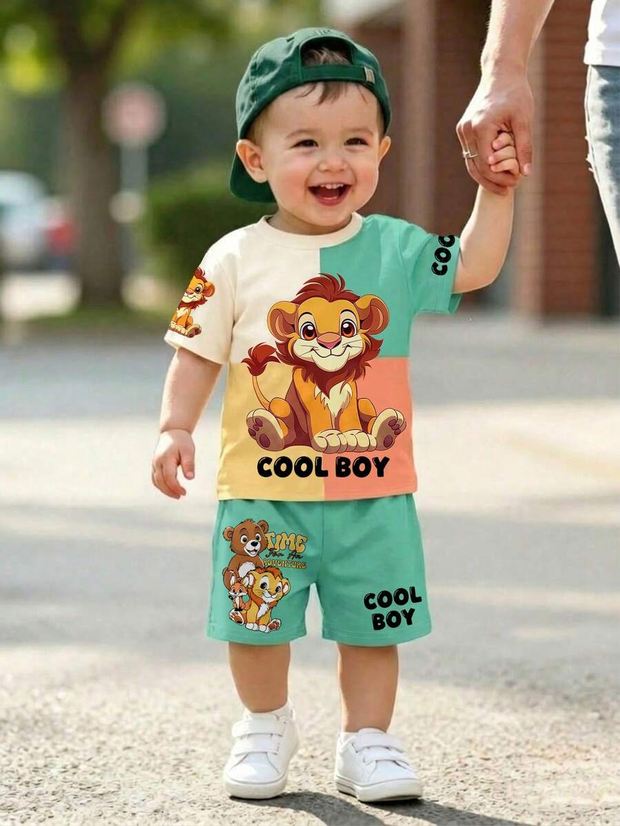 Baby Boy Casual Minimalist T-Shirt Set Suitable For Summer, Classic Color Block Patchwork Pattern Print, Cartoon Lion Pattern Print, COOL BOY - White - View 1