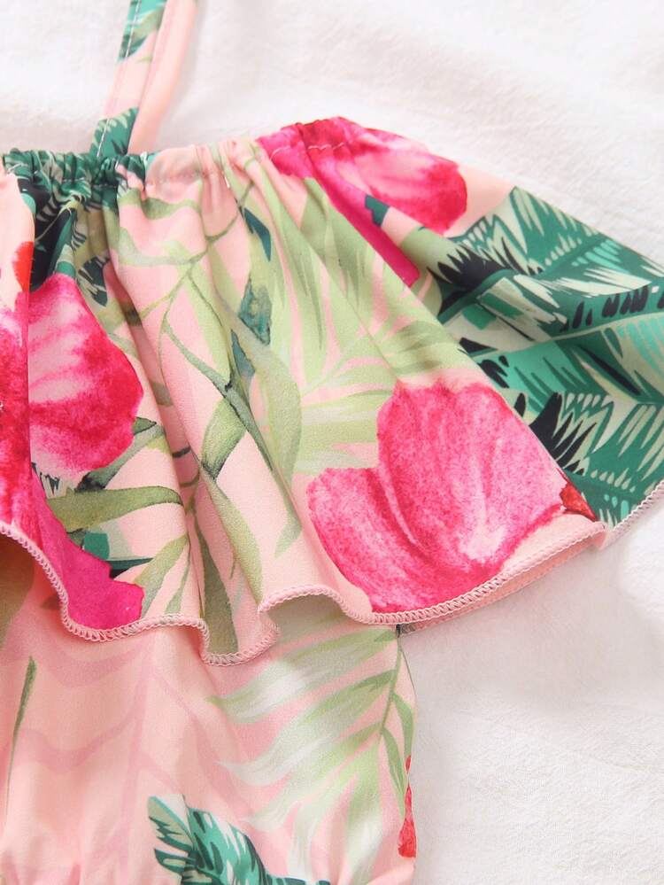 Sparklyn Tween Girl Vacation Floral Print Ruffle Fashion Romper - Pink - View 6